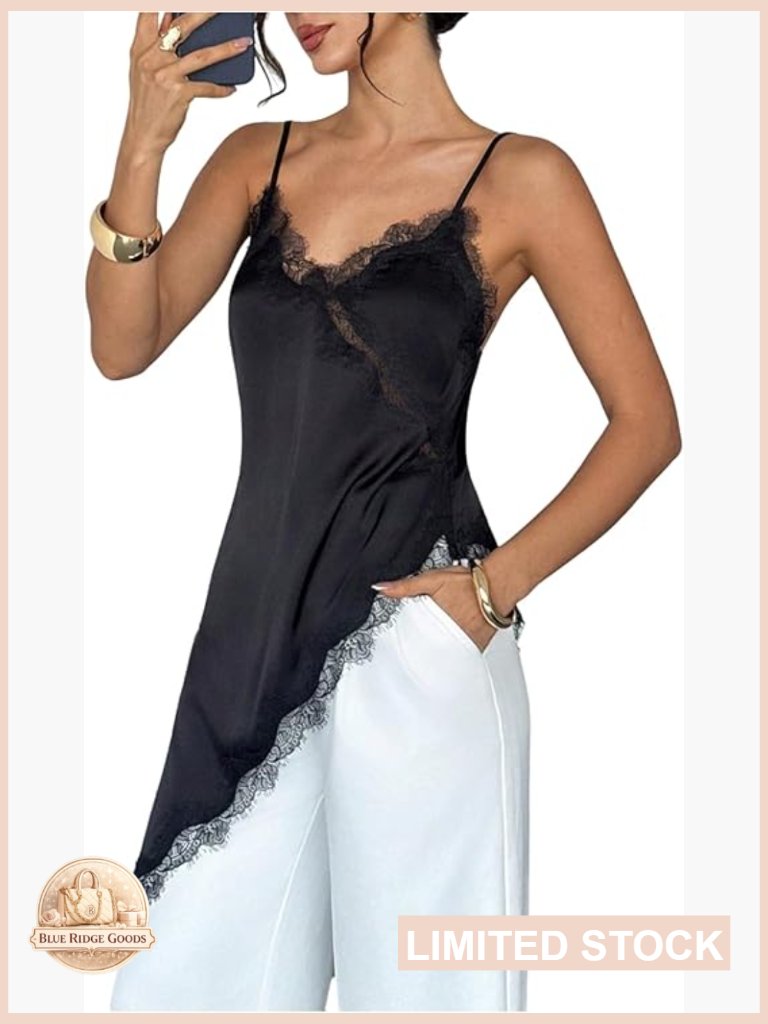 Satin Lace Trim Cami Top Asymmetrical Split Side Elegant Party Wear Adjustable